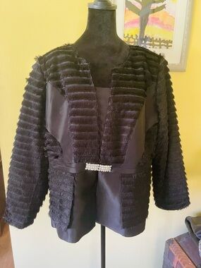 Luxe Black Textured Open Blazer with Rhinestone Belt